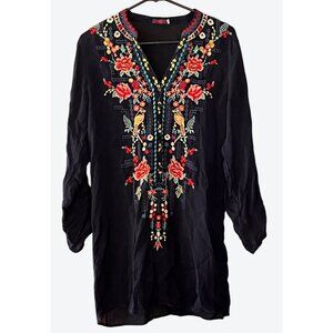 Johnny Was Small 3/4 Roll Sleeve V Neck 1/2 Button Floral Embroidered Tunic Navy